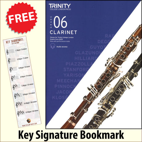 front cover of Trinity College London Clarinet Grade 6 from 2023 together with free Treble Clef bookmark