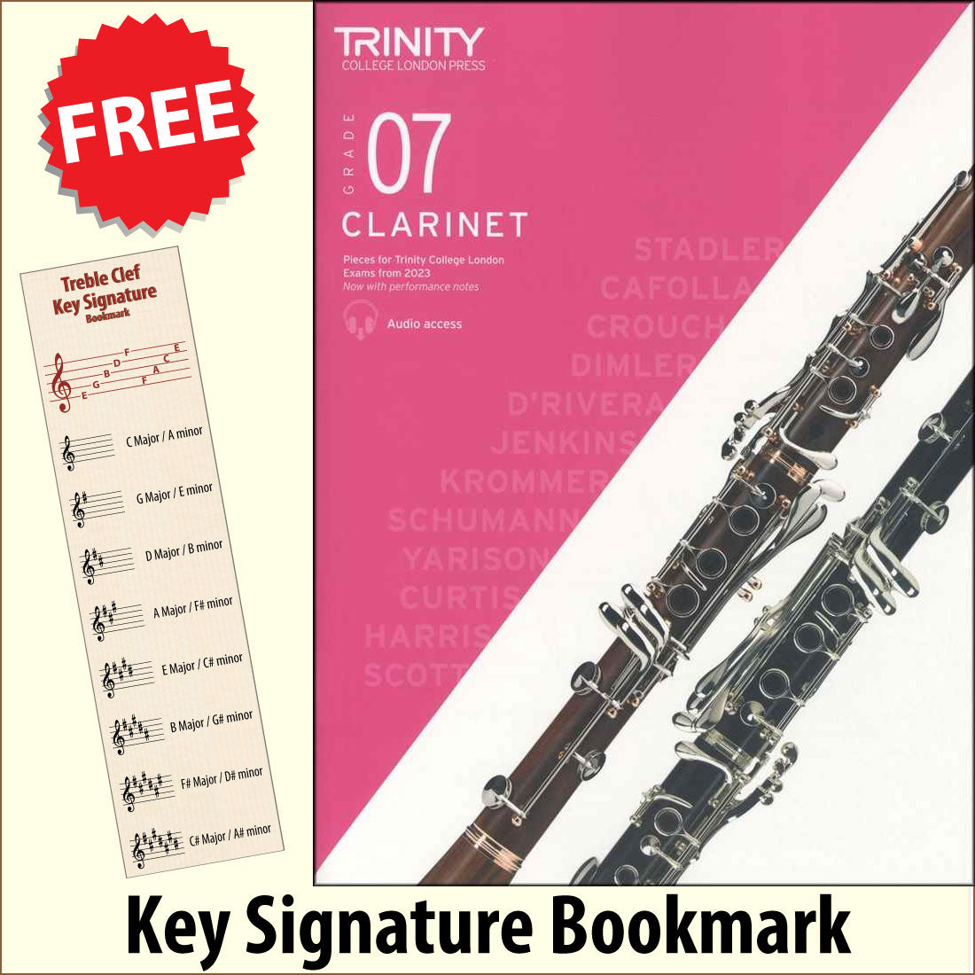 front cover of Trinity College London Clarinet Grade 7 from 2023 together with free Treble Clef bookmark