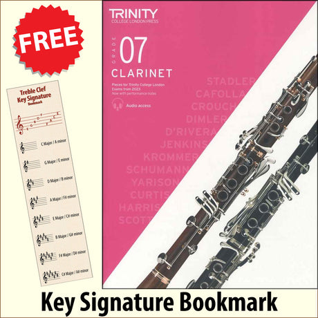 front cover of Trinity College London Clarinet Grade 7 from 2023 together with free Treble Clef bookmark