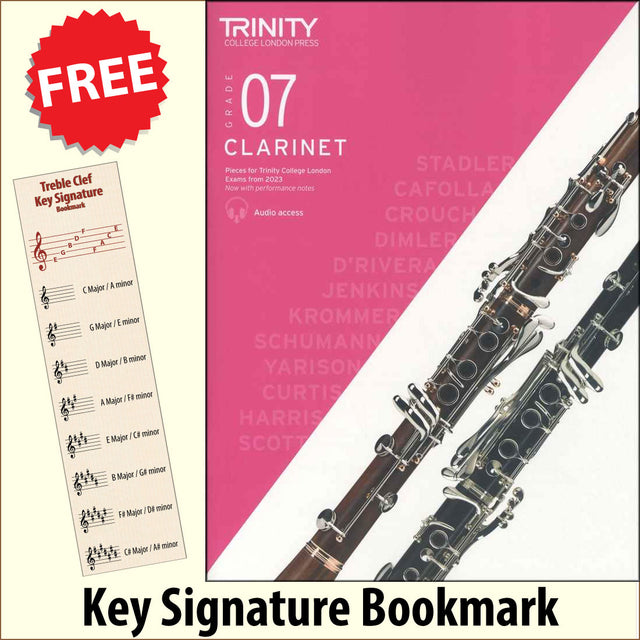 front cover of Trinity College London Clarinet Grade 7 from 2023 together with free Treble Clef bookmark