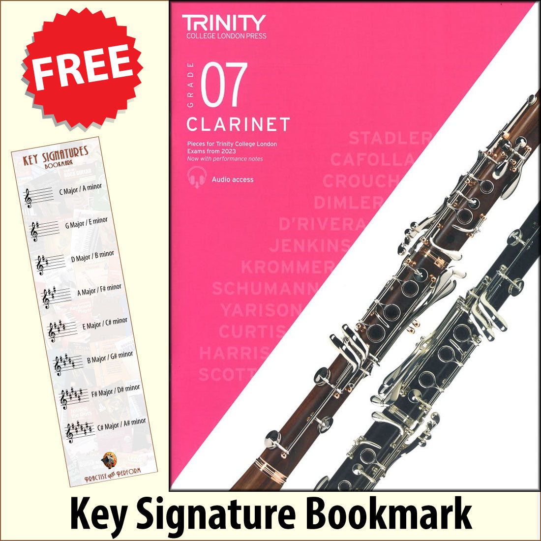 front cover of Trinity College London Clarinet Grade 7 from 2023 together with free Treble Clef bookmark