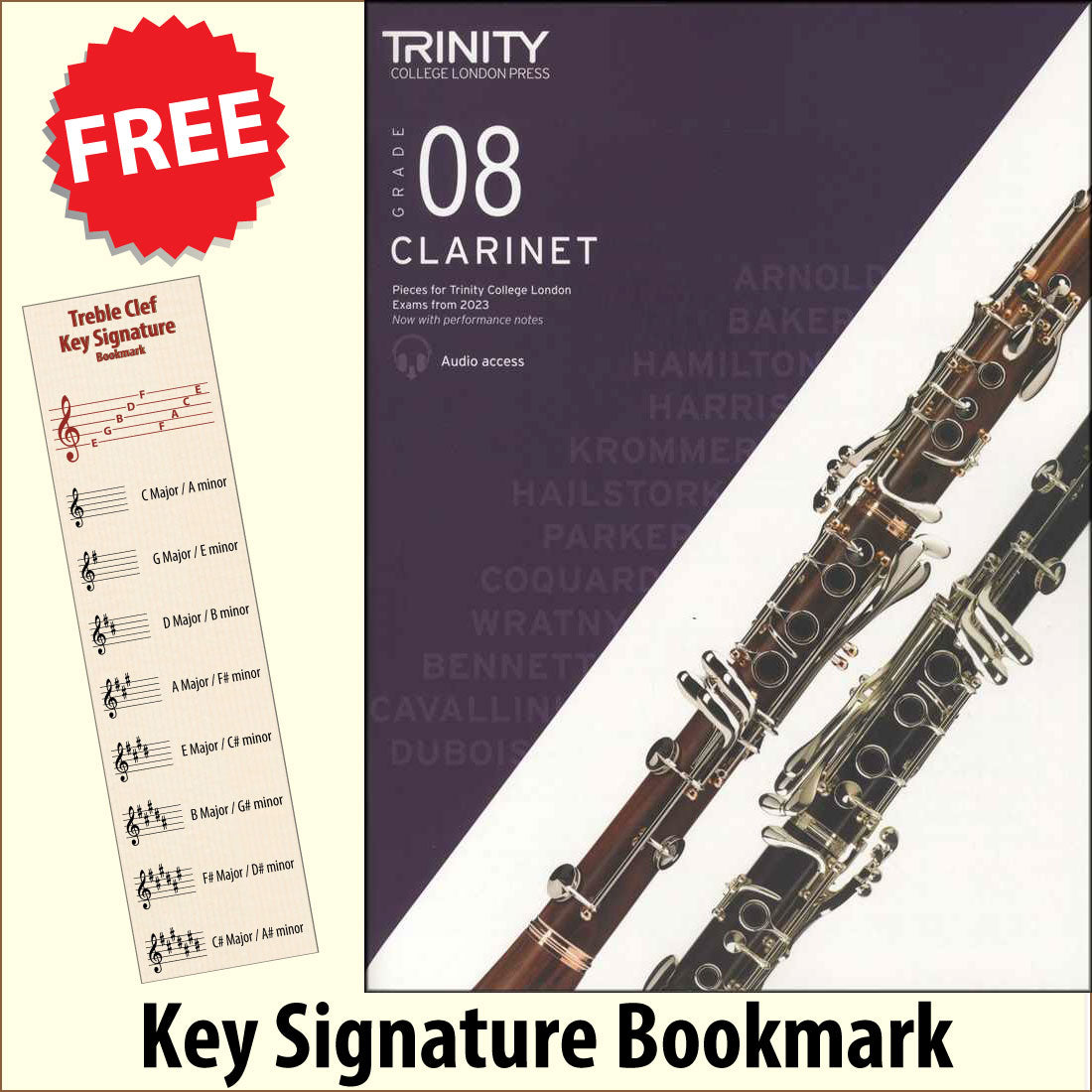 front cover of Trinity College London Clarinet Grade 8 from 2023 together with free Treble Clef bookmark