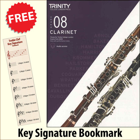 front cover of Trinity College London Clarinet Grade 8 from 2023 together with free Treble Clef bookmark
