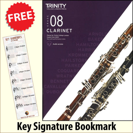 front cover of Trinity College London Clarinet Grade 8 from 2023 together with free Treble Clef bookmark