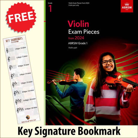 front cover of ABRSM Violin Exam Pieces Grade 1 from 2024 (Violin Part) together with free Treble Clef bookmark