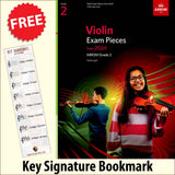 front cover of ABRSM Violin Exam Pieces Grade 2 from 2024 (Violin Part) together with free Treble Clef bookmark