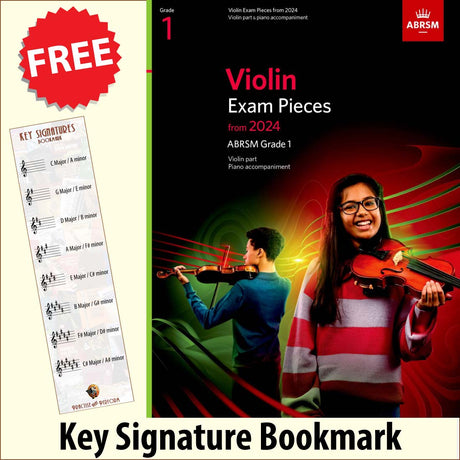 front cover of ABRSM Violin Exam Pieces Grade 1 from 2024 (Violin/Piano) together with free Treble Clef bookmark