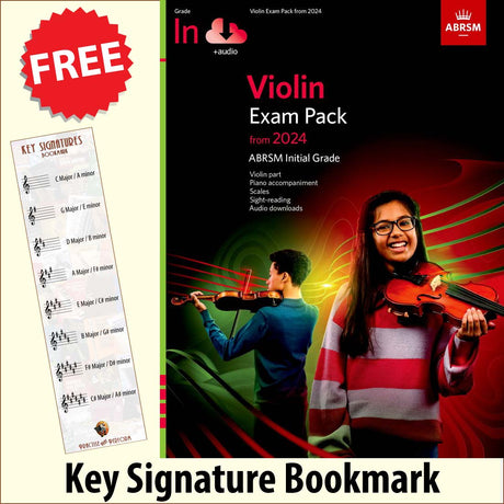 front cover of ABRSM Violin Exam Pieces Initial Grade from 2024 (Violin/Piano/Audio) together with free Treble Clef bookmark