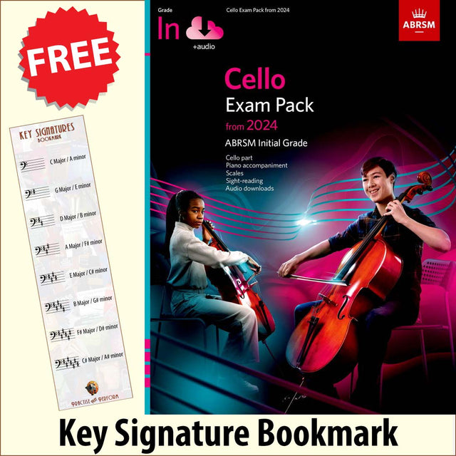 front cover of ABRSM Cello Exam Pieces Initial Grade from 2024 Cello & Piano & Audio together with free Bass Glef bookmark