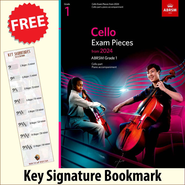 front cover of ABRSM Cello Exam Pieces Grade 1 from 2024 Cello & Piano together with free Bass Glef bookmark