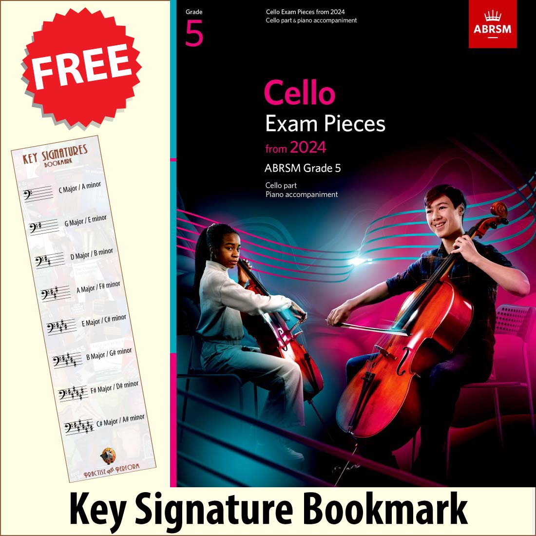 front cover of ABRSM Cello Exam Pieces Grade 5 from 2024 Cello & Piano together with free Bass Glef bookmark