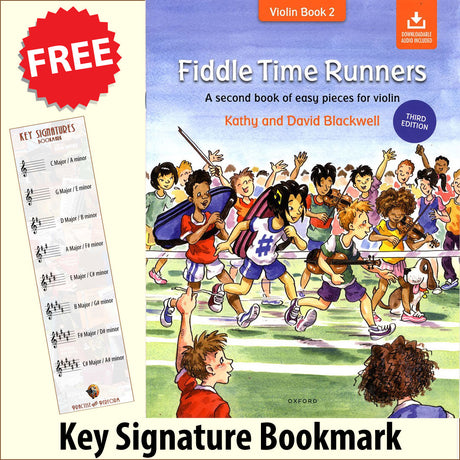 front cover of Fiddle Time Runners Book/Audio together with free Treble Clef bookmark