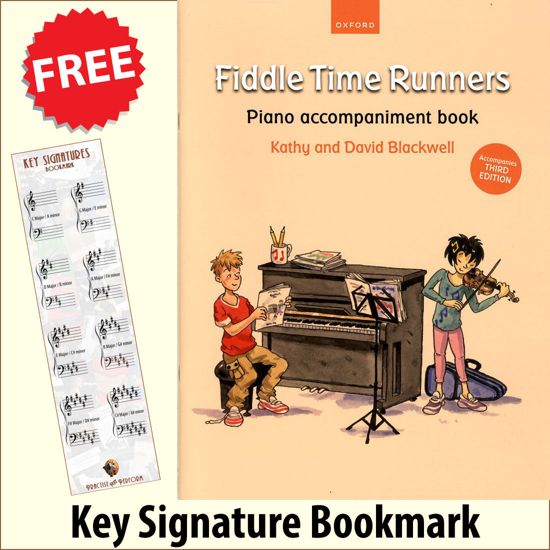 front cover of Fiddle Time Runners Piano Accompaniment together with free Piano Clef bookmark