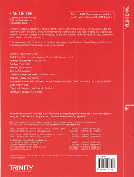 back cover of Trinity College London Piano Initial Grade from 2023