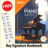 front cover of Trinity College London Piano Grade 1 from 2023 together with free Piano Clef bookmark