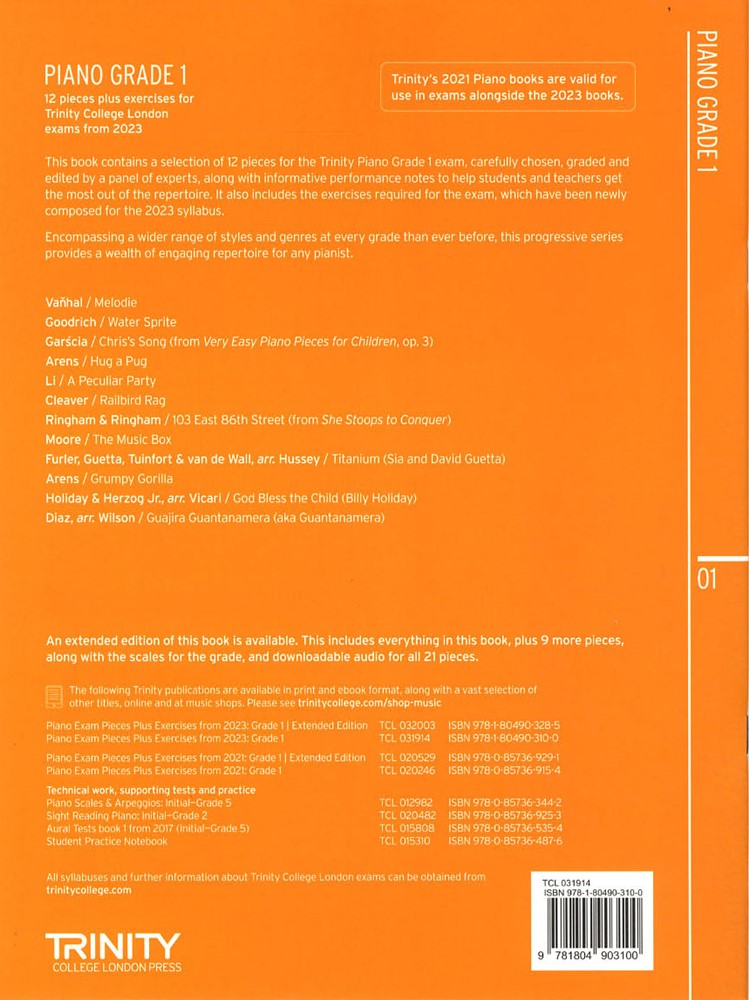 back cover of Trinity College London Piano Grade 1 from 2023