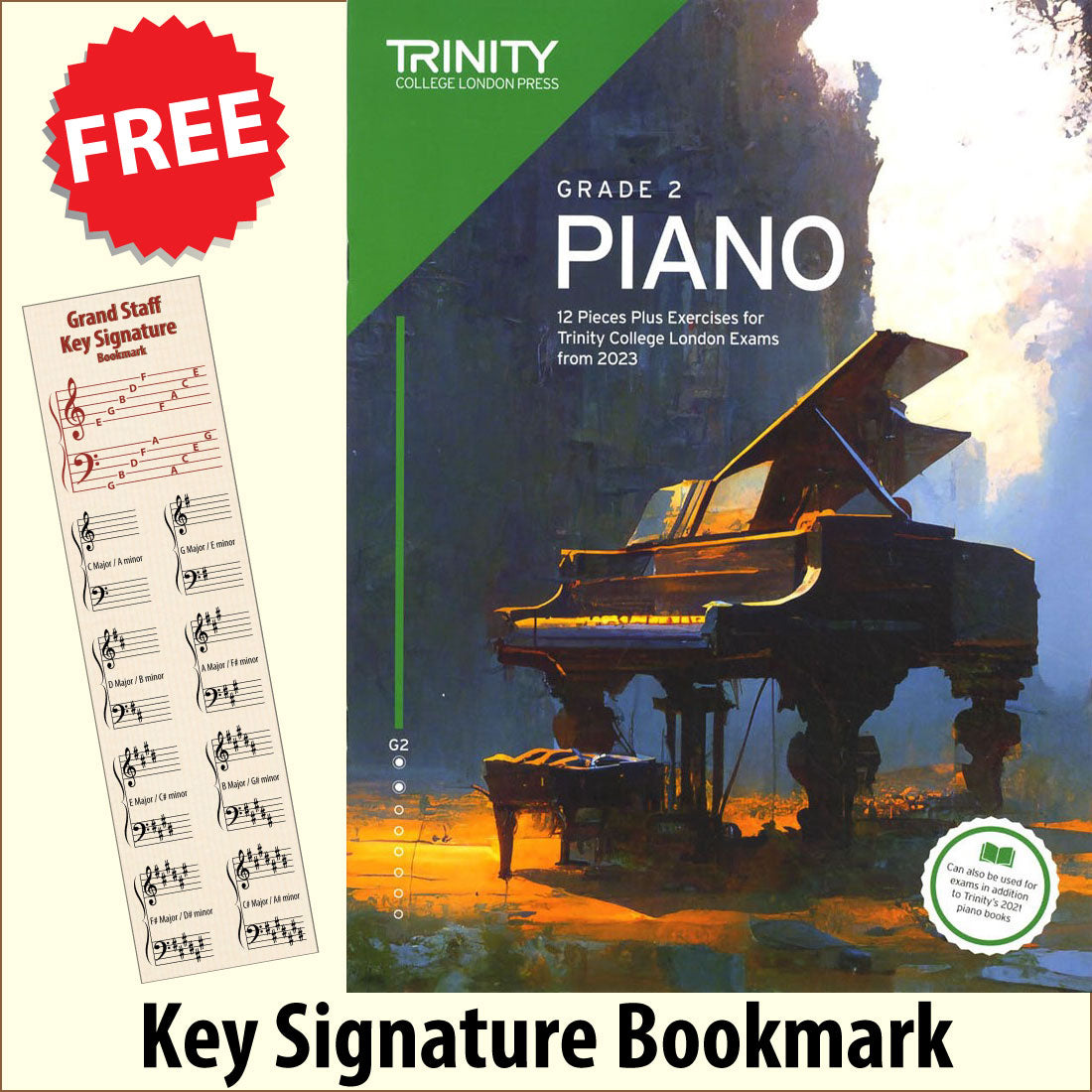 front cover of Trinity College London Piano Grade 2 from 2023 together with free Piano Clef bookmark