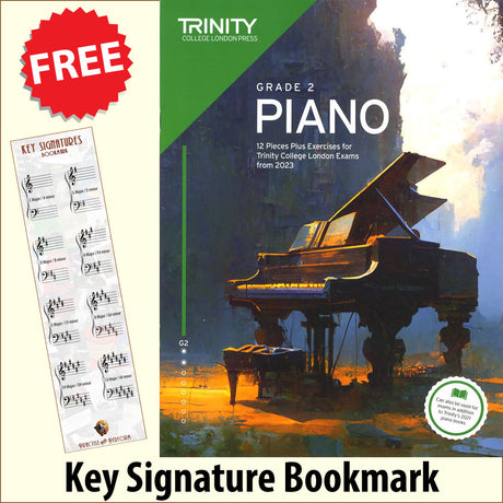 front cover of Trinity College London Piano Grade 2 from 2023 together with free Piano Clef bookmark