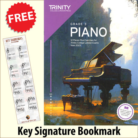 front cover of Trinity College London Piano Grade 3 from 2023 together with free Piano Clef bookmark