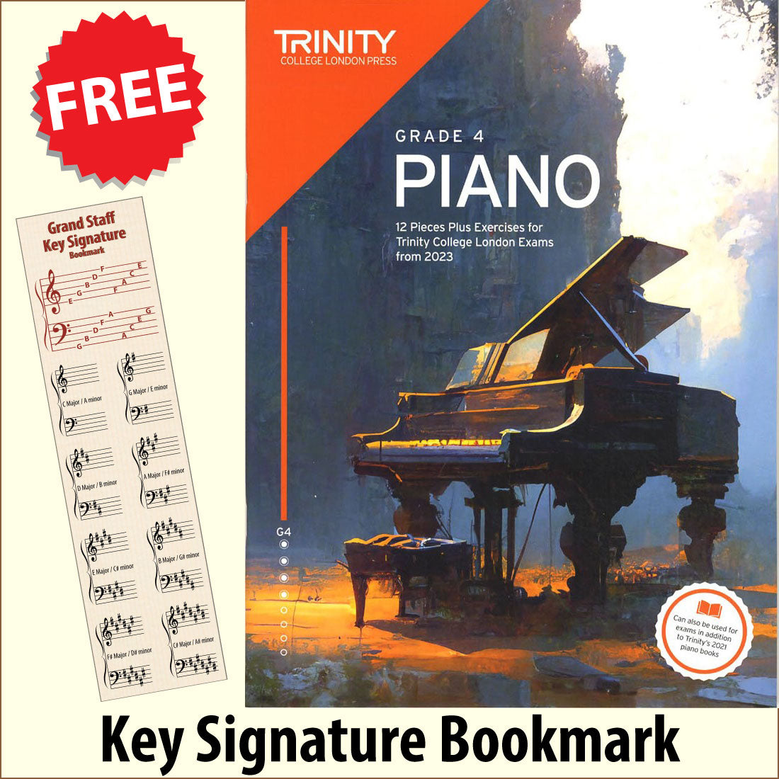 front cover of Trinity College London Piano Grade 4 from 2023 together with free Piano Clef bookmark