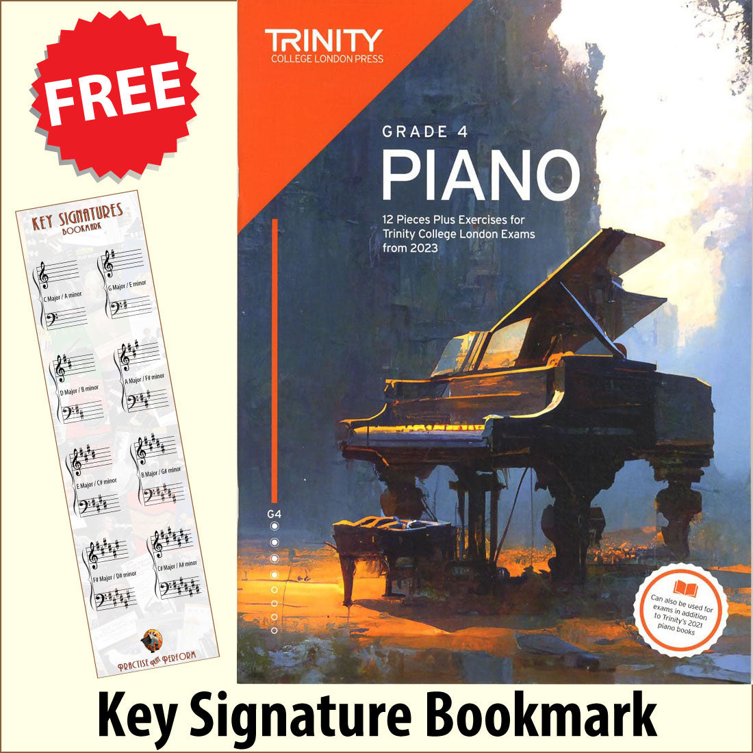 front cover of Trinity College London Piano Grade 4 from 2023 together with free Piano Clef bookmark