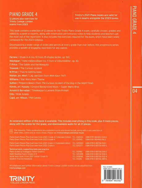 back cover of Trinity College London Piano Grade 4 from 2023