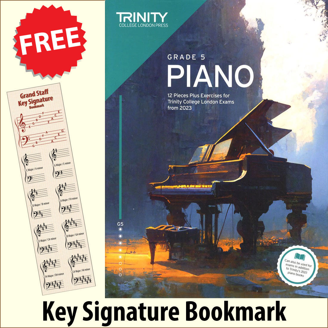 front cover of Trinity College London Piano Grade 5 from 2023 together with free Piano Clef bookmark
