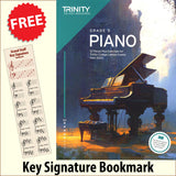front cover of Trinity College London Piano Grade 5 from 2023 together with free Piano Clef bookmark