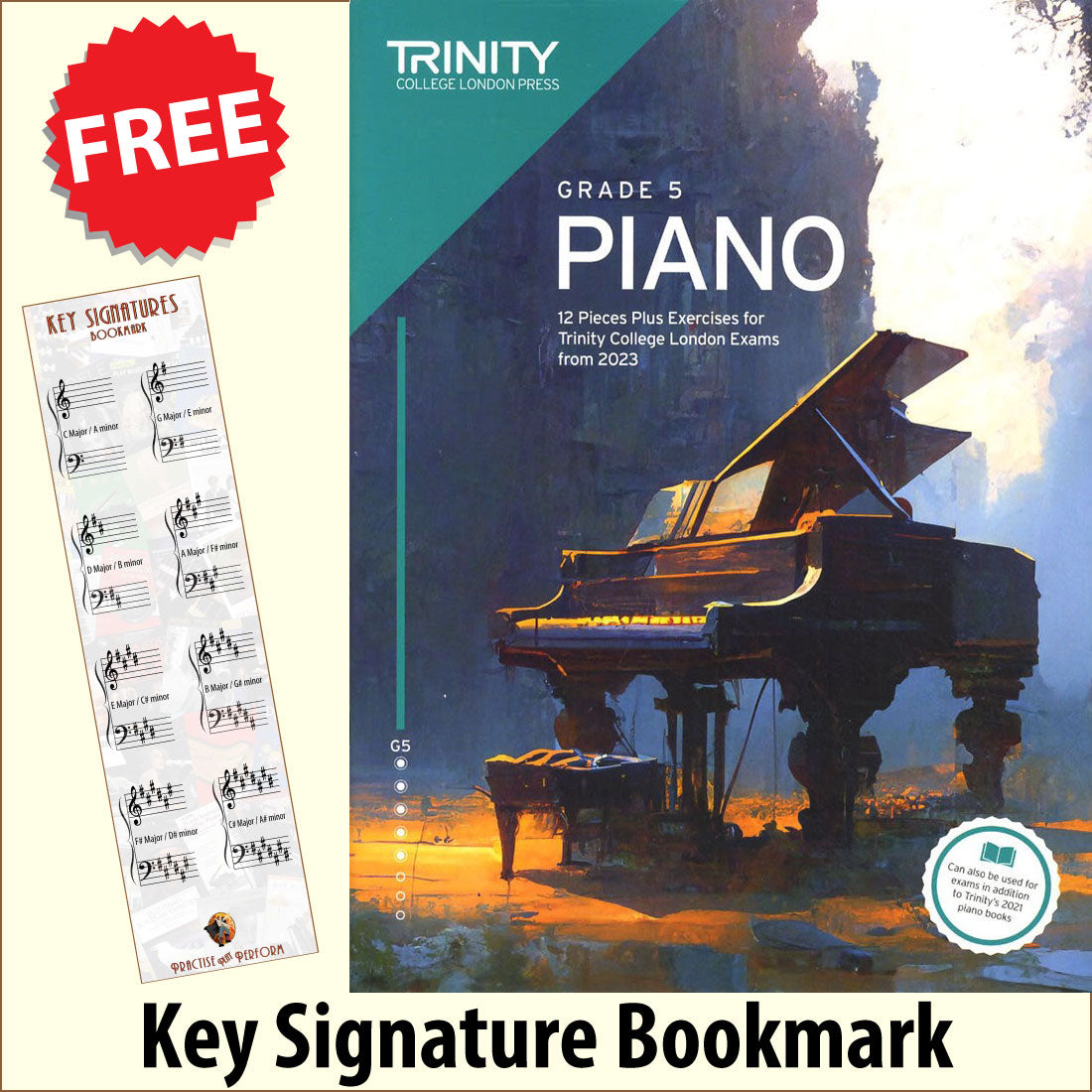 front cover of Trinity College London Piano Grade 5 from 2023 together with free Piano Clef bookmark