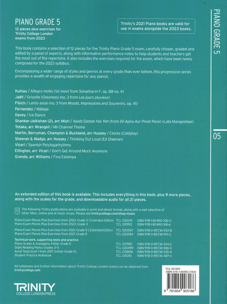 back cover of Trinity College London Piano Grade 5 from 2023