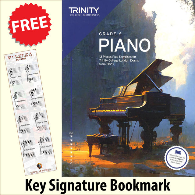 front cover of Trinity College London Piano Grade 6 from 2023 together with free Piano Clef bookmark