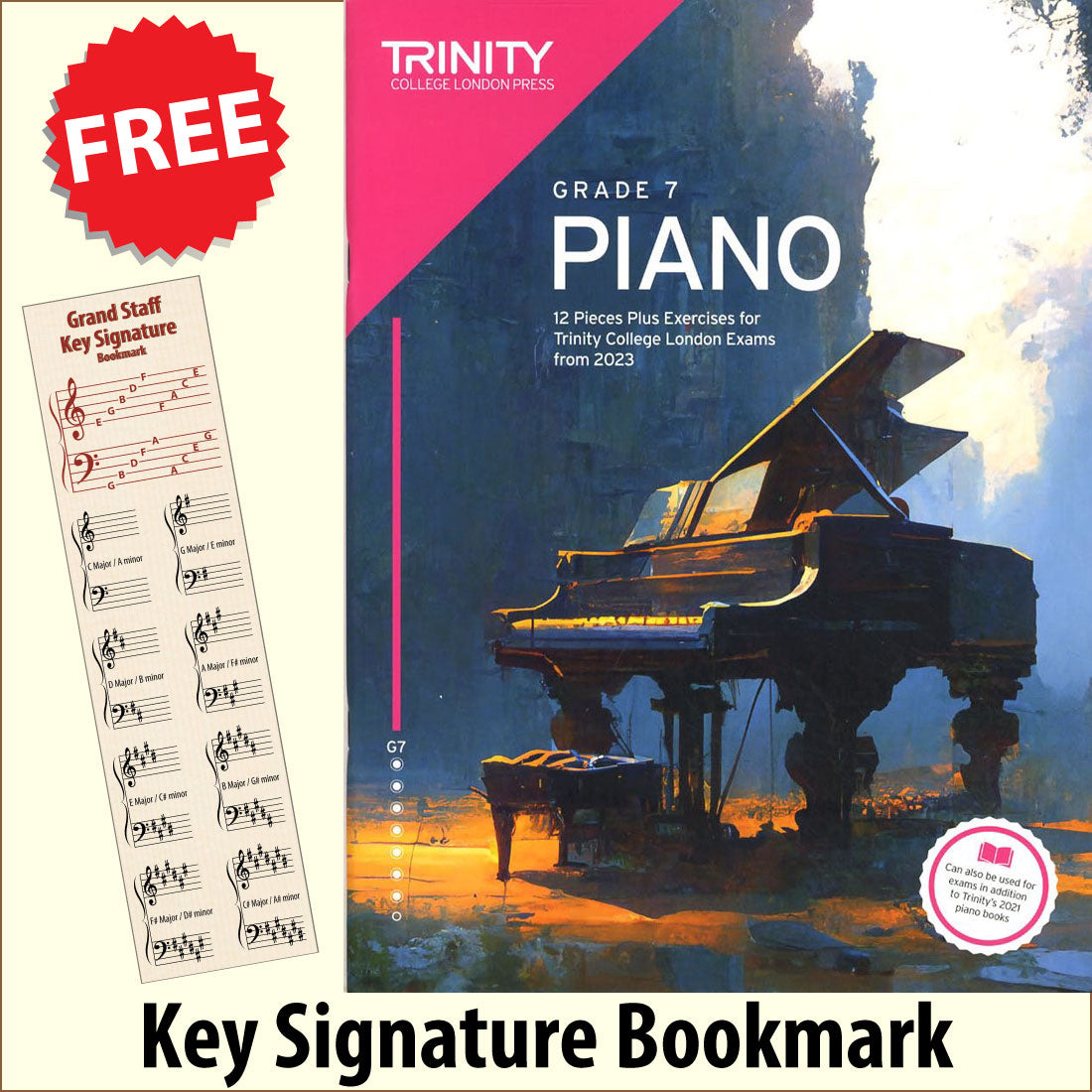 front cover of Trinity College London Piano Grade 7 from 2023 together with free Piano Clef bookmark