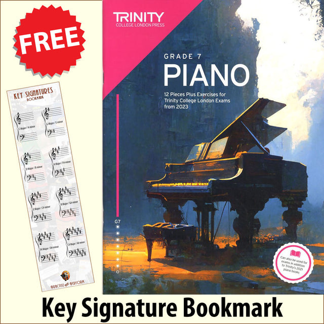 front cover of Trinity College London Piano Grade 7 from 2023 together with free Piano Clef bookmark