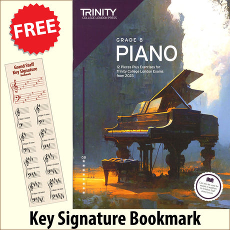 front cover of Trinity College London Piano Grade 8 from 2023 together with free Piano Clef bookmark