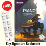 front cover of Trinity College London Piano Grade 8 from 2023 together with free Piano Clef bookmark