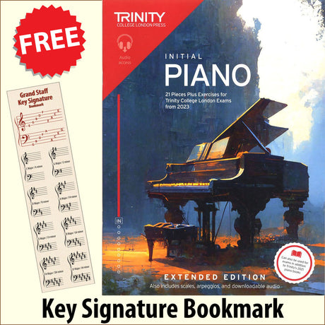 front cover of Trinity College London Piano Initial from 2023 EXTENDED EDITION together with free Piano Clef bookmark