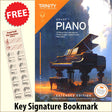 front cover of Trinity College London Piano Grade 1 from 2023 EXTENDED EDITION together with free Piano Clef bookmark