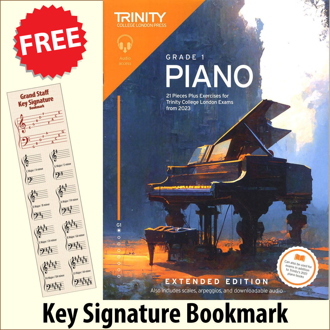 front cover of Trinity College London Piano Grade 1 from 2023 EXTENDED EDITION together with free Piano Clef bookmark