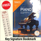 front cover of Trinity College London Piano Grade 1 from 2023 EXTENDED EDITION together with free Piano Clef bookmark