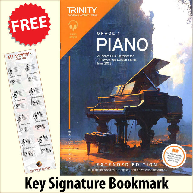 front cover of Trinity College London Piano Grade 1 from 2023 EXTENDED EDITION together with free Piano Clef bookmark