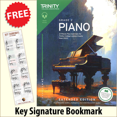 front cover of Trinity College London Piano Grade 2 from 2023 EXTENDED EDITION together with free Piano Clef bookmark