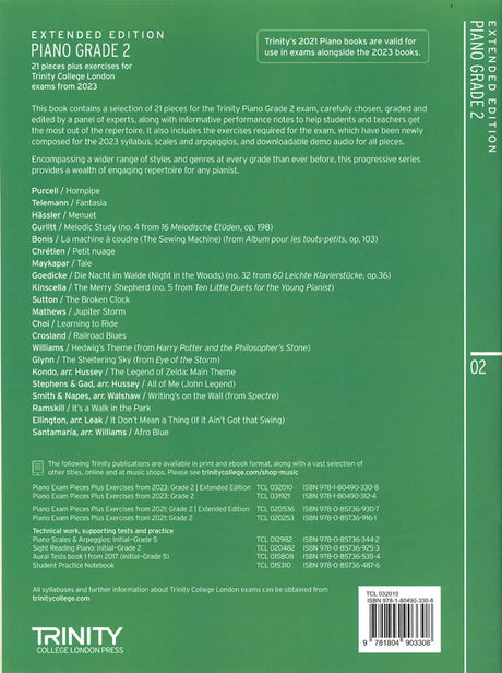 back cover of Trinity College London Piano Grade 2 from 2023 EXTENDED EDITION