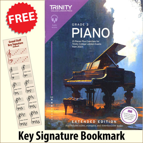 front cover of Trinity College London Piano Grade 3 from 2023 EXTENDED EDITION together with free Piano Clef bookmark