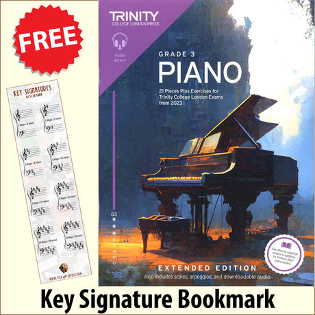 front cover of Trinity College London Piano Grade 3 from 2023 EXTENDED EDITION together with free Piano Clef bookmark