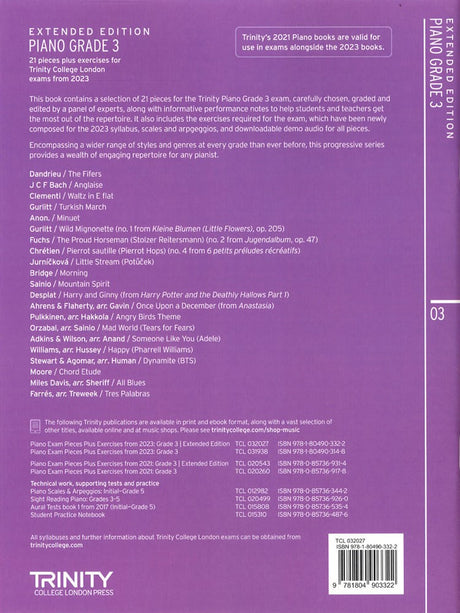 back cover of Trinity College London Piano Grade 3 from 2023 EXTENDED EDITION