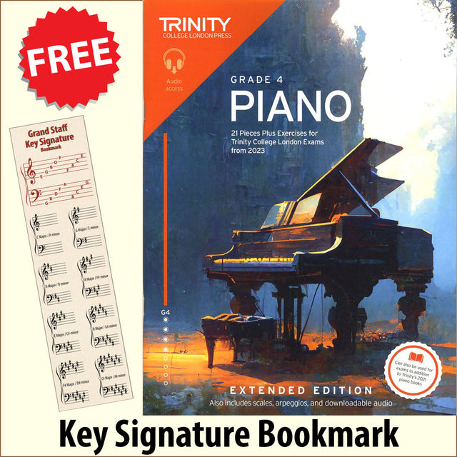 front cover of Trinity College London Piano Grade 4 from 2023 EXTENDED EDITION together with free Piano Clef bookmark