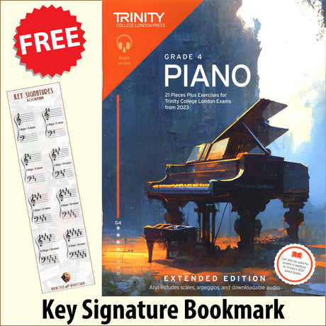 front cover of Trinity College London Piano Grade 4 from 2023 EXTENDED EDITION together with free Piano Clef bookmark