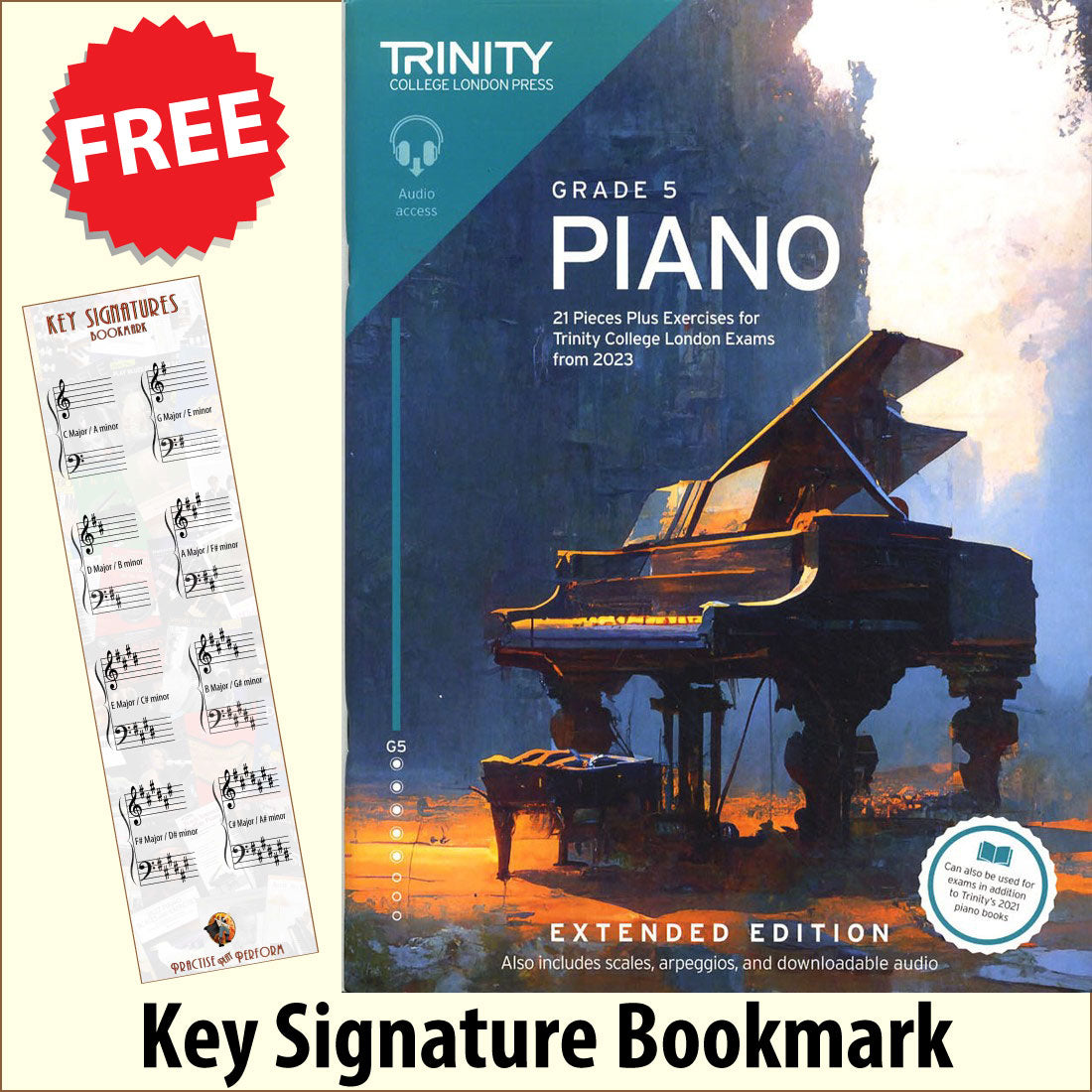 front cover of Trinity College London Piano Grade 5 from 2023 EXTENDED EDITION together with free Piano Clef bookmark