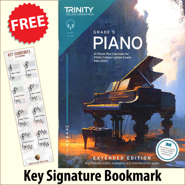 front cover of Trinity College London Piano Grade 5 from 2023 EXTENDED EDITION together with free Piano Clef bookmark