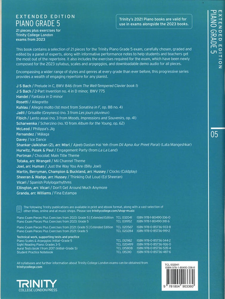 back cover of Trinity College London Piano Grade 5 from 2023 EXTENDED EDITION